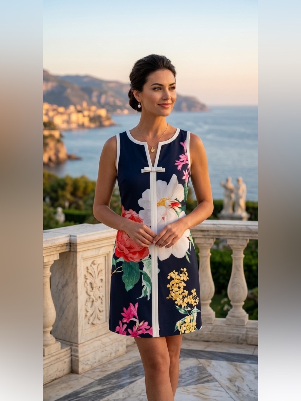 New Karl Lagerfeld Black Floral Sleeveless Mini Dress with White Trim